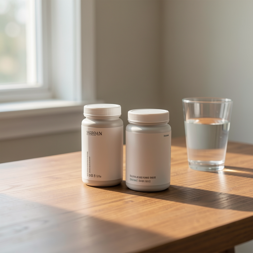 Supplement containers on a wooden desk, minimal composition with morning light and a glass of water