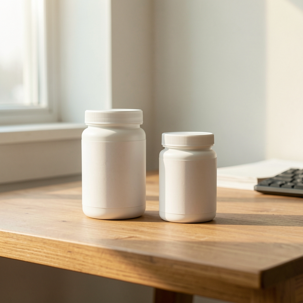 Supplement containers on a wooden desk in a minimal composition, morning editorial setup with natural light